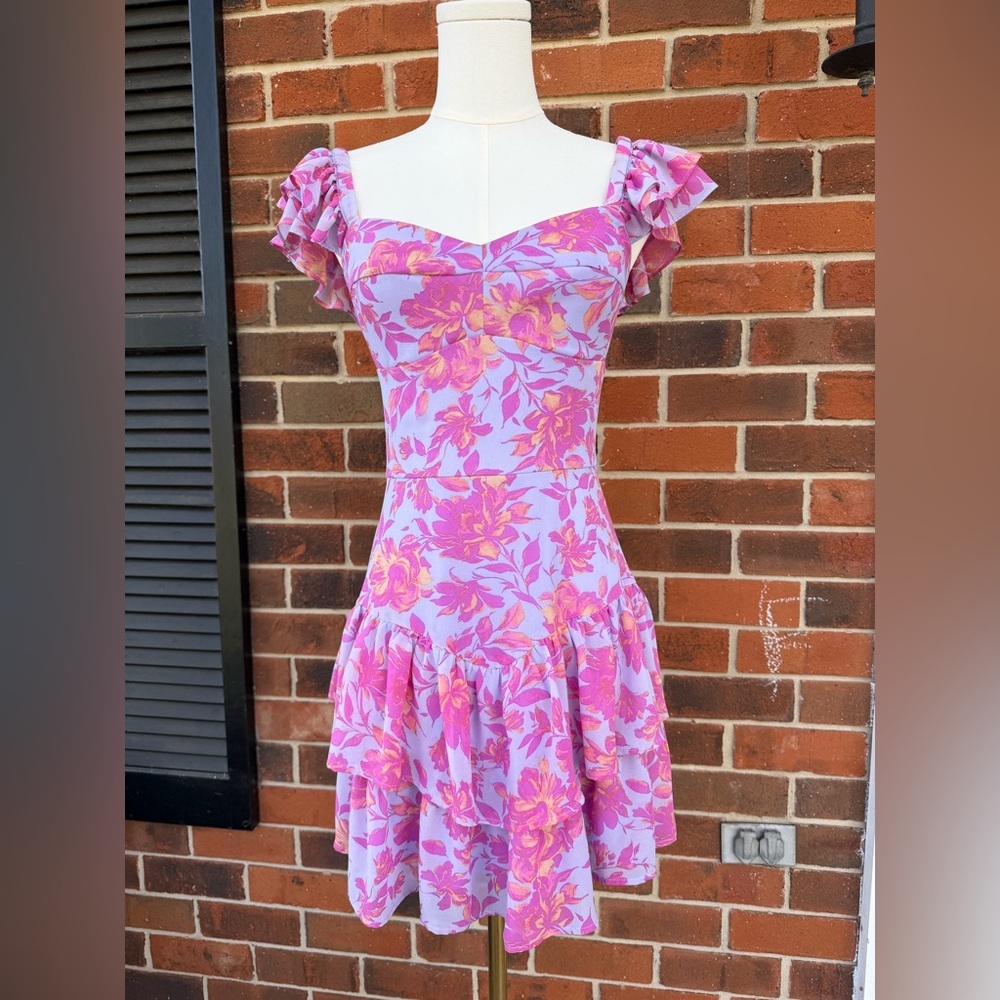 Floral Ruffle Mini Sundress in Lavender and Pink With Neck Scarf Or Waist Belt - Picture 2 of 4